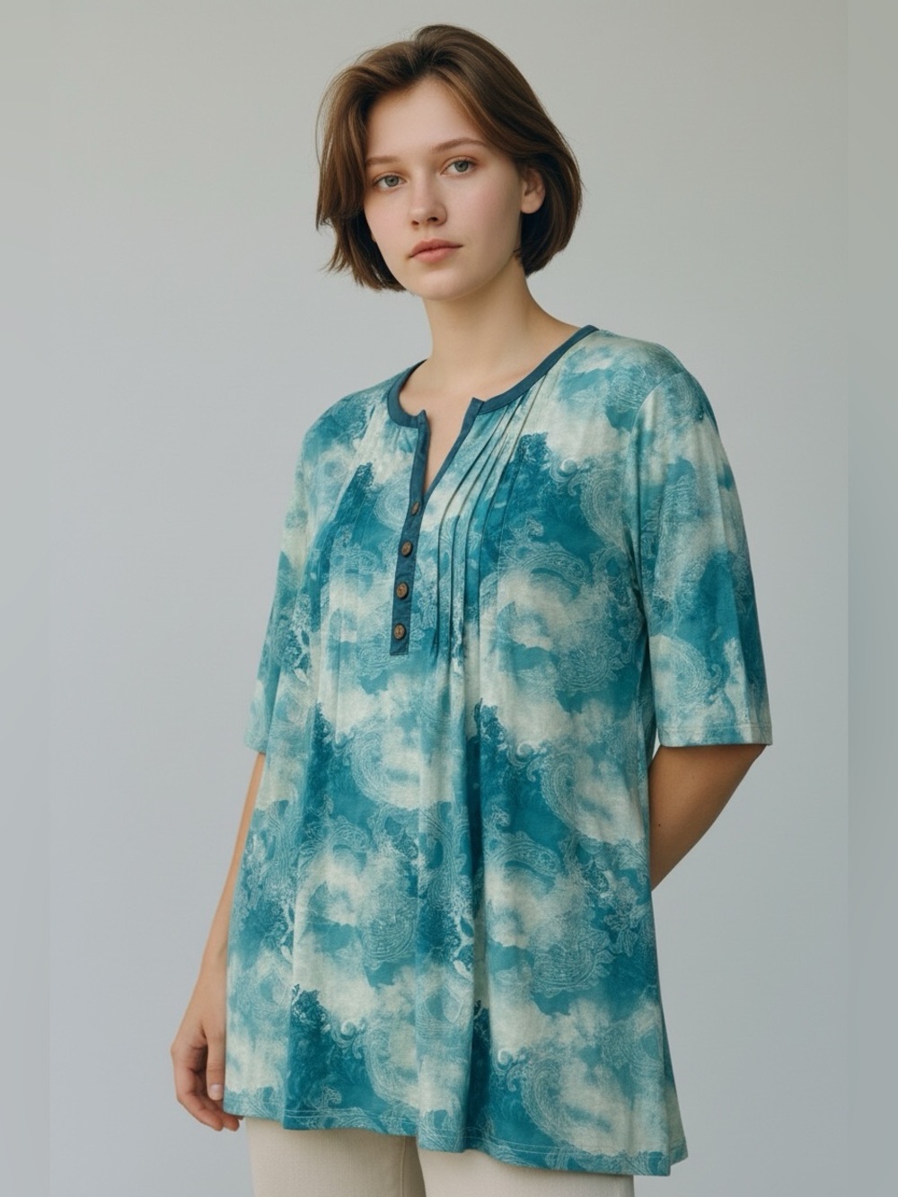 🫶🏻 Teal Cloud-Print Henley Tunic Top